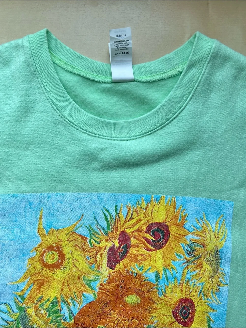 Artsy Mint Green Crewneck Sweatshirt with Van Gogh Sunflowers Print - Picture 5 of 8